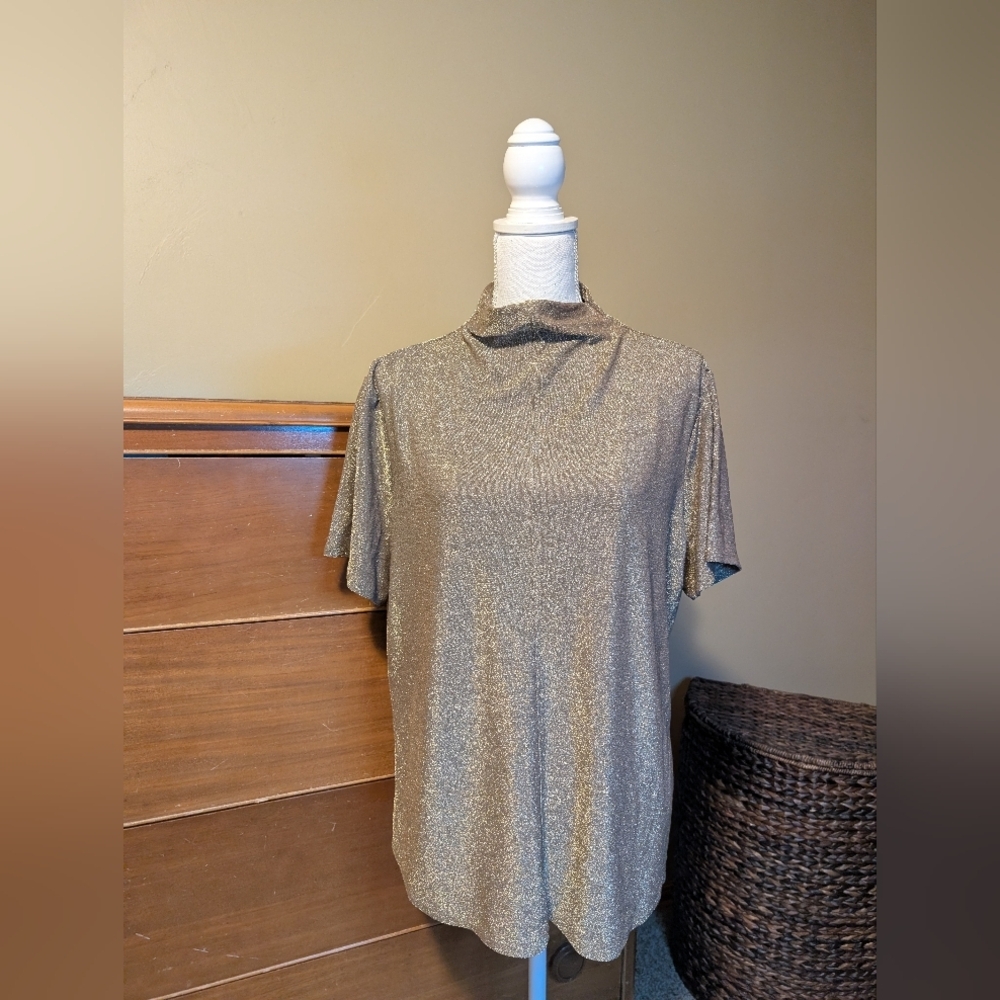 Worthington Metallic Gold Short Sleeve Glimmer Blouse 0X - Picture 2 of 15